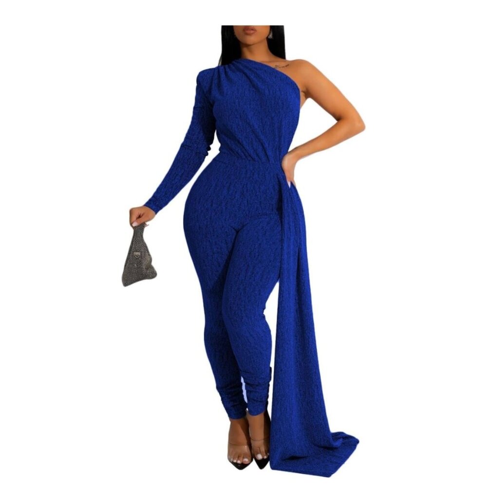 Dinyln - Blue Jumpsuit formal Sequin One Sleeve Party Clubwear - NWOT small
